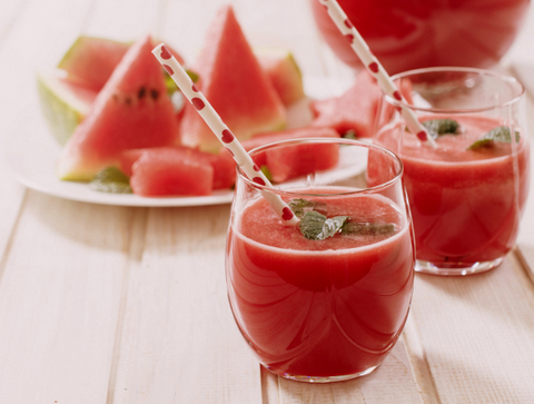 Fresh watermelon juice in the glass.Selective focus on the front glass